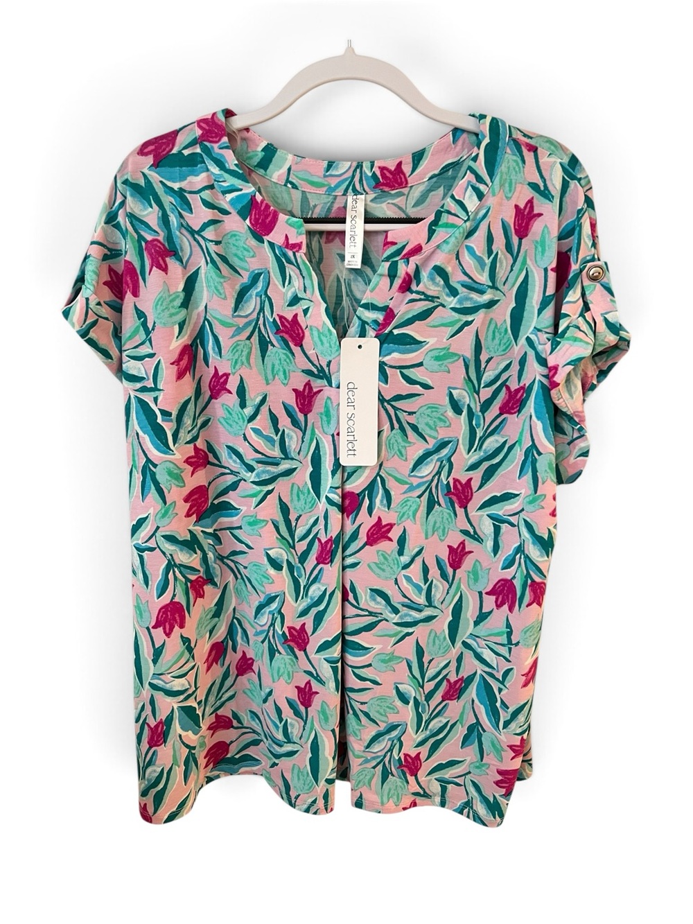 Dear Scarlett Pink & teal Floral Short Sleeve plus size Lizzie Tunic Blouse Top